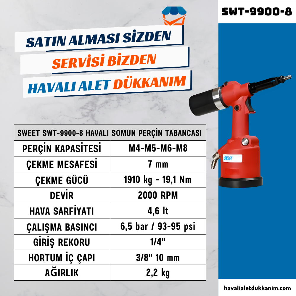 SWEET SWT-9900-8 Havalı Somun Perçin Tabancası M4-M8