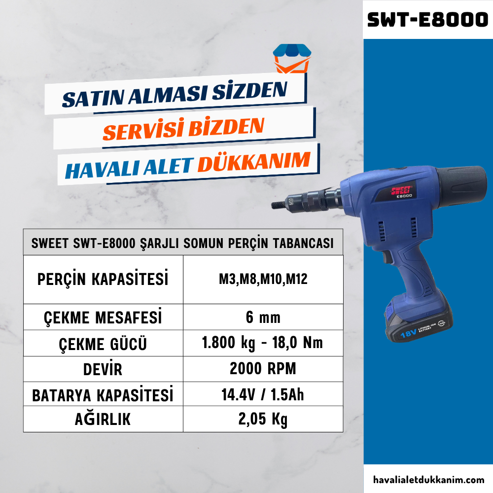 SWEET SWT-E8000 Şarjlı Somun Perçin Tabancası M4-M8