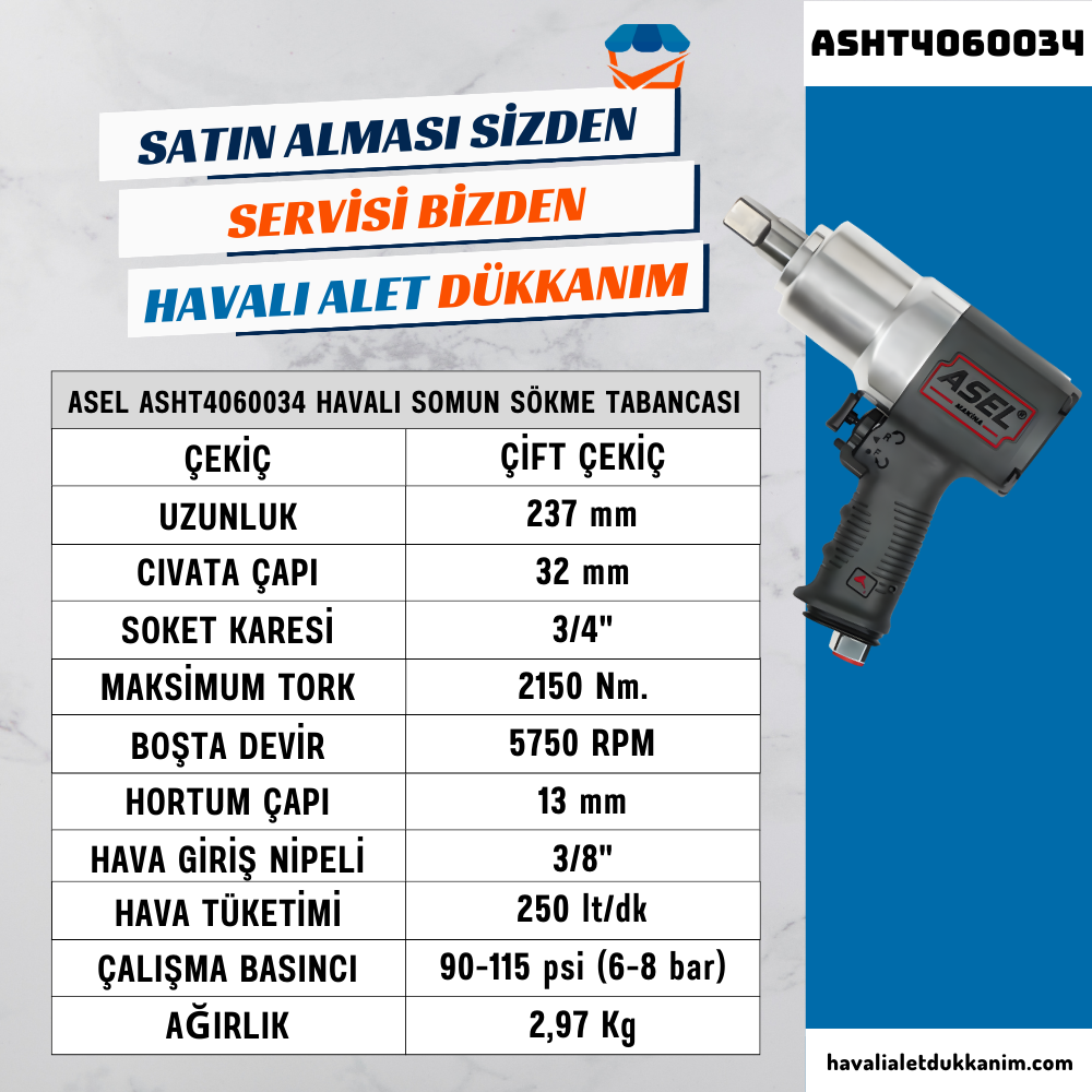 ASEL ASHT4060034 Havalı Somun Sökme Tabancası 3/4