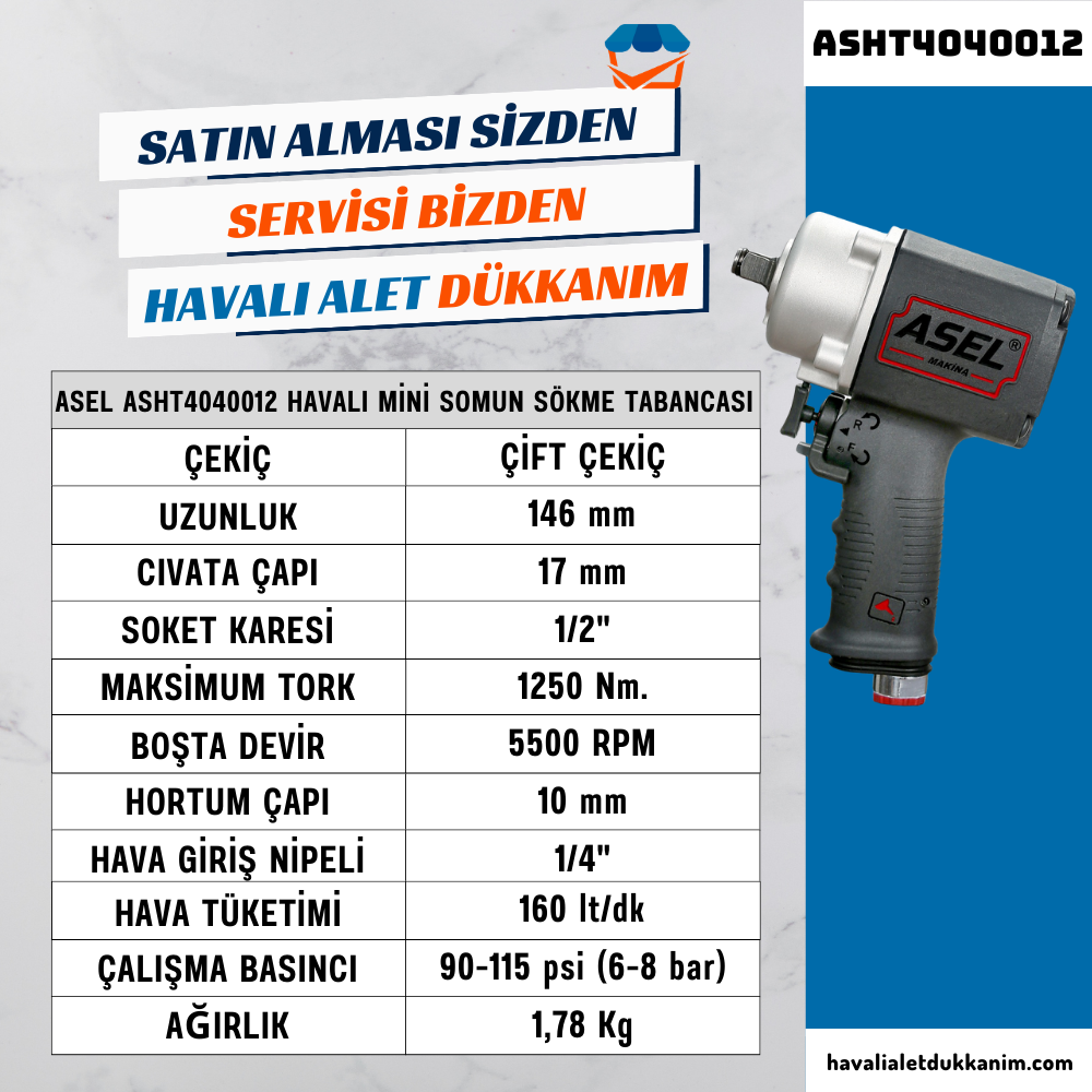 ASEL ASHT4040012 Havalı Mini Somun Sökme Tabancası 1/2