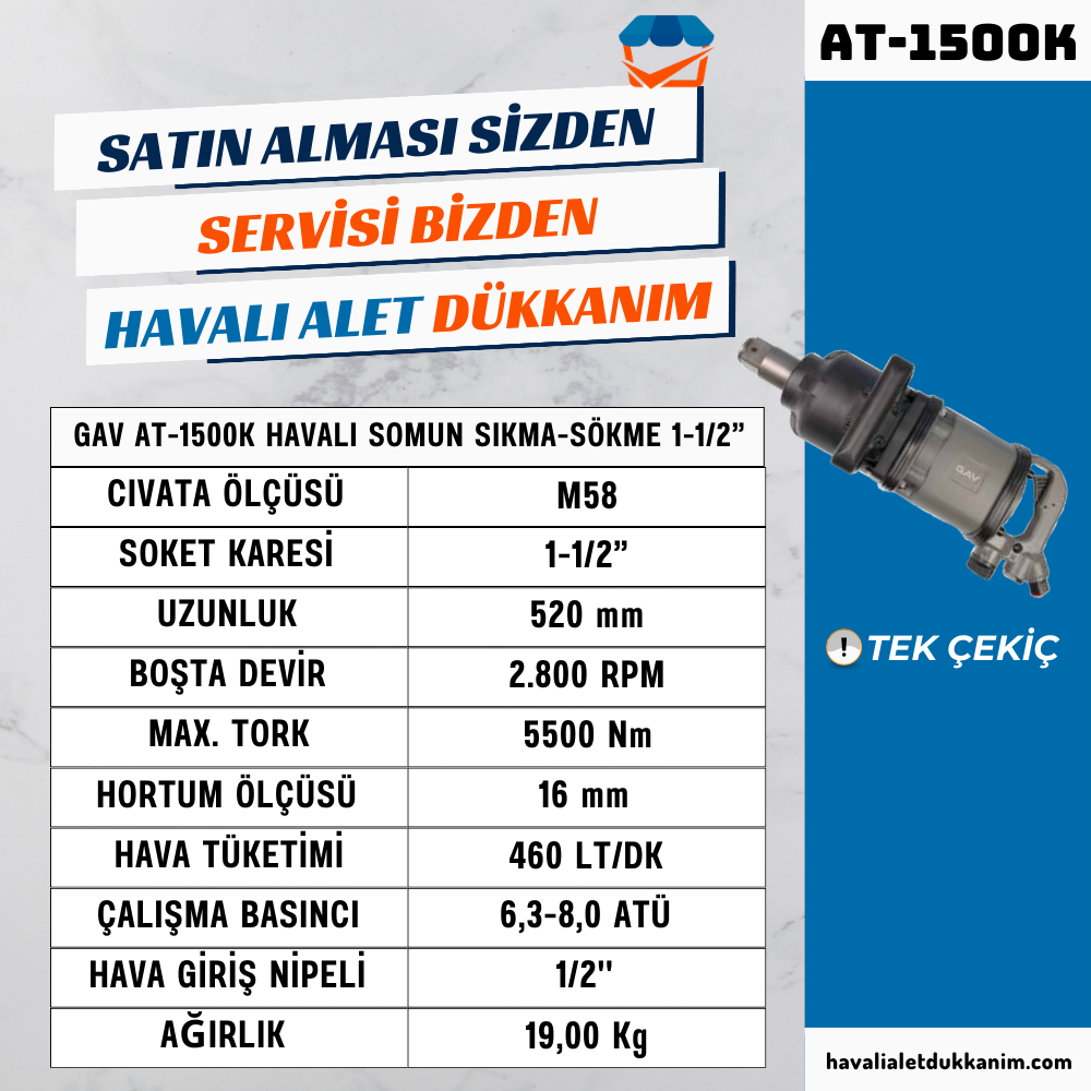 GAV AT-1500K Havalı Somun Sıkma-Sökme 1-1/2” Kısa