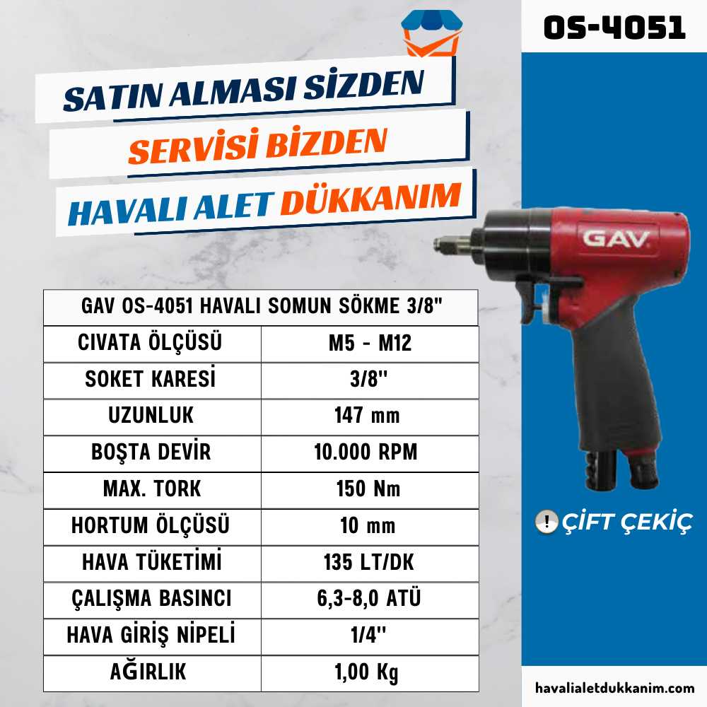 GAV OS-4051 Havalı Somun Sökme 3/8