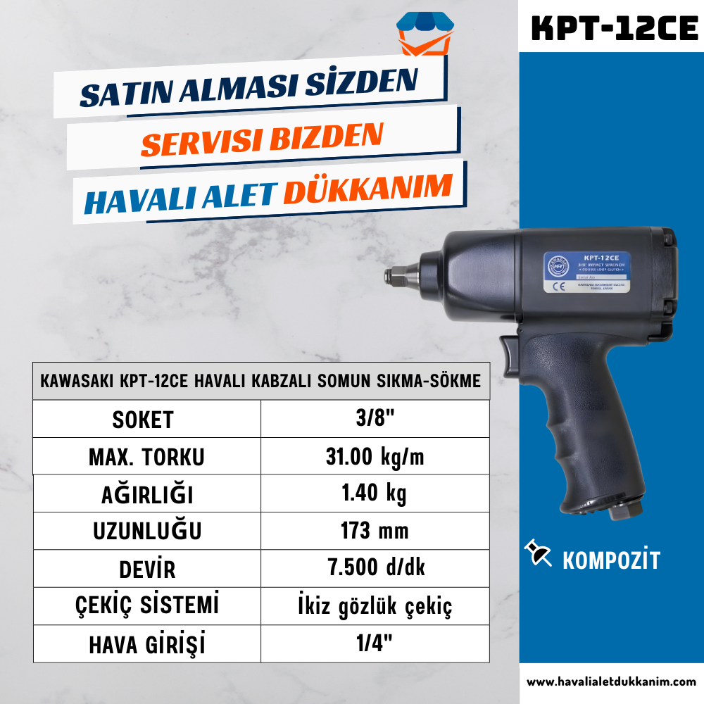 KAWASAKI KPT-12CE Havalı Kabzalı Somun Sıkma-Sökme 3/8