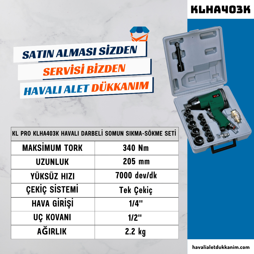 KL PRO KLHA403K Havalı Darbeli Somun Sıkma-Sökme Seti