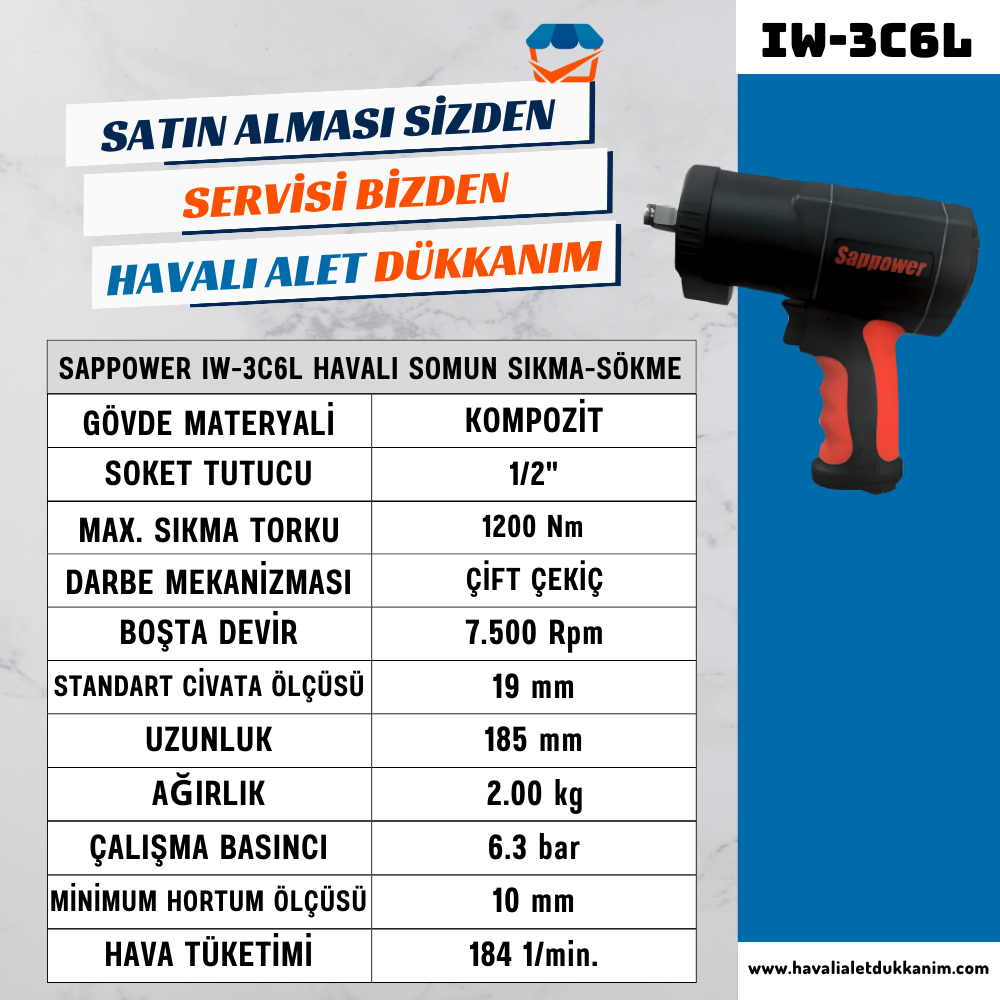 SAPPOWER IW-3C6L Havalı Somun Sıkma-Sökme 1/2
