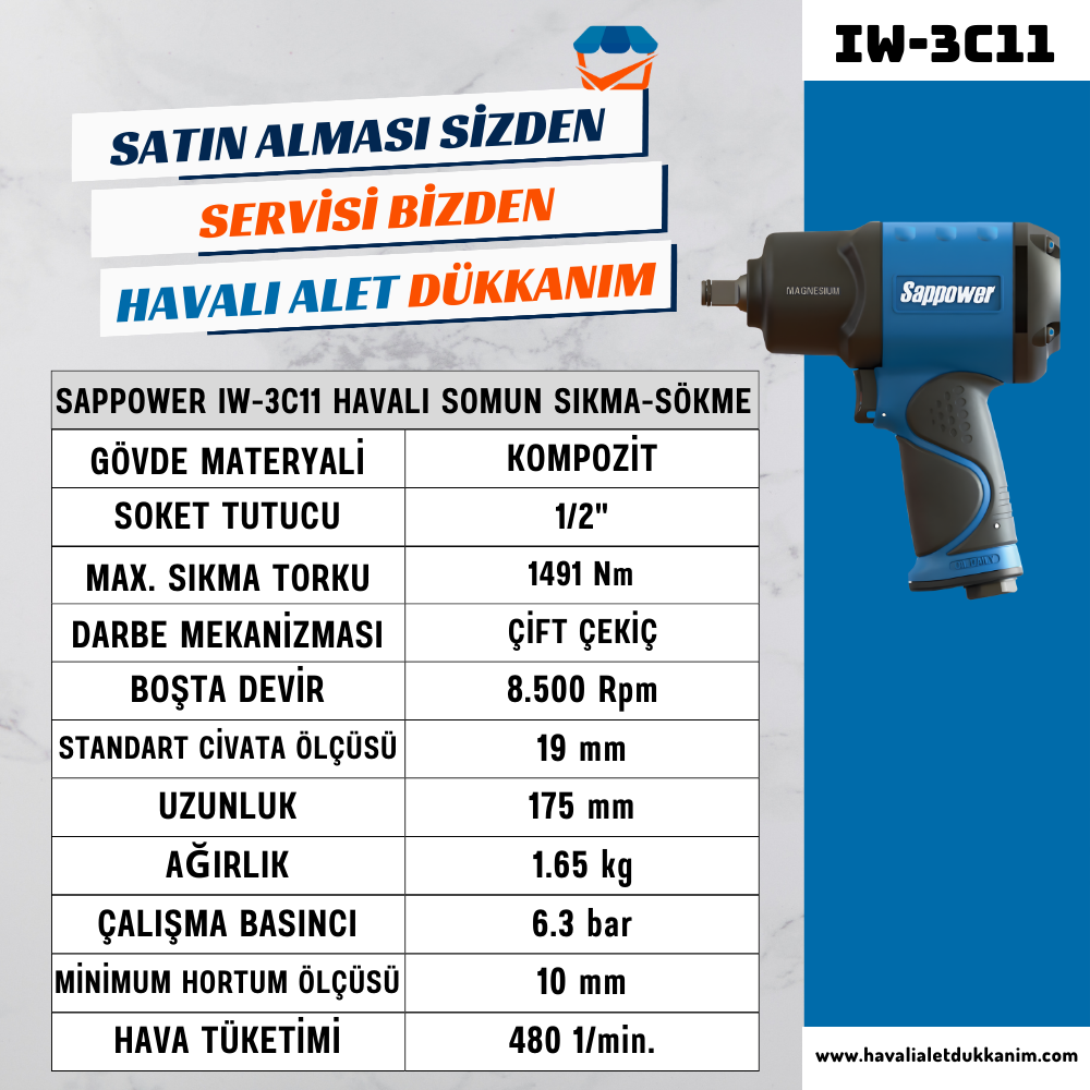 SAPPOWER IW-3C11 Havalı Somun Sıkma-Sökme 1/2