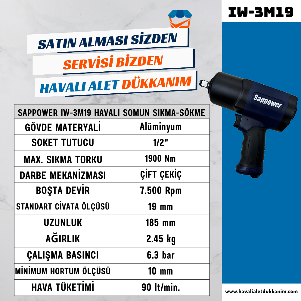 SAPPOWER IW-3M19 Havalı Somun Sıkma-Sökme 1/2
