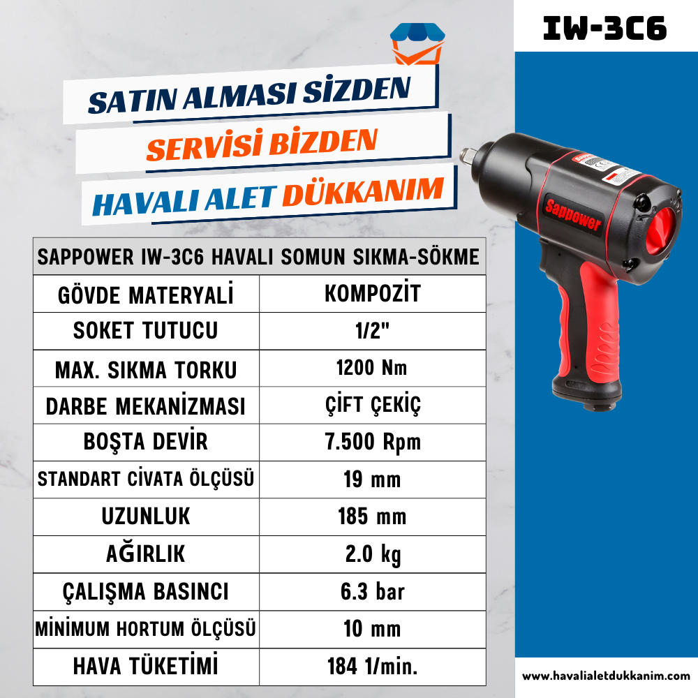 SAPPOWER IW-3C6 Havalı Somun Sıkma-Sökme 1/2