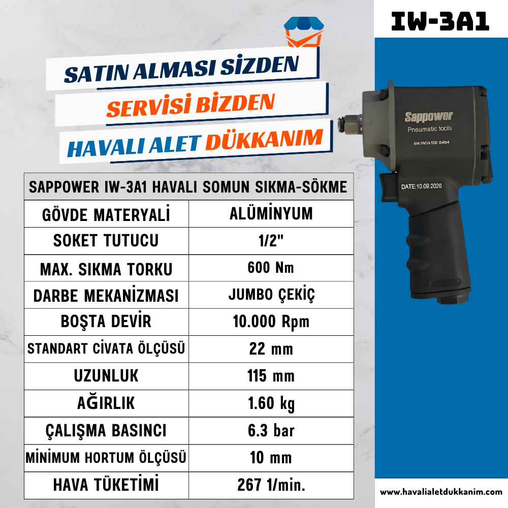 SAPPOWER IW-3A1 Havalı Somun Sıkma-Sökme 1/2