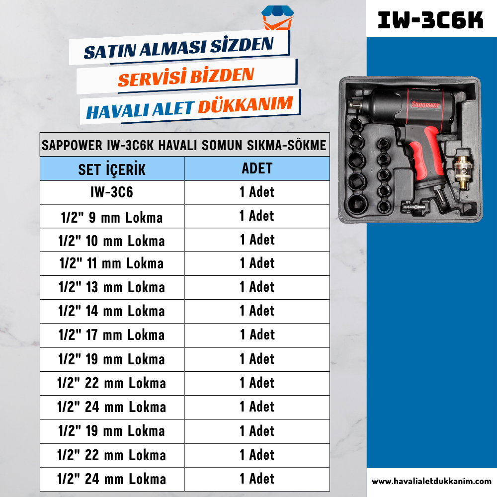 SAPPOWER IW-3C6K Havalı Somun Sıkma-Sökme 1/2