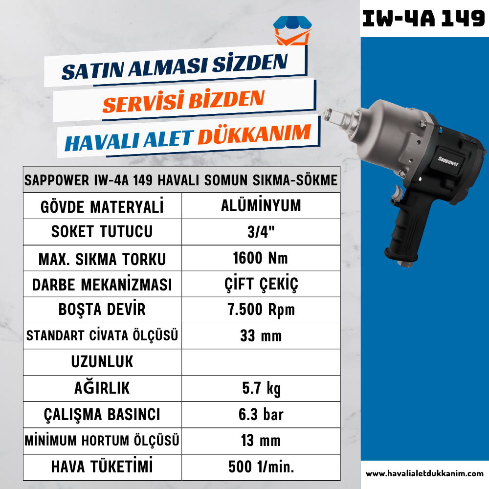 SAPPOWER IW-4A 149 Havalı Somun Sıkma-Sökme 3/4