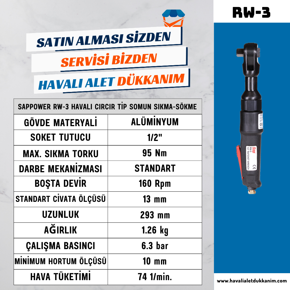 SAPPOWER RW-3 Havalı Cırcır Tip Somun Sıkma-Sökme 1/2