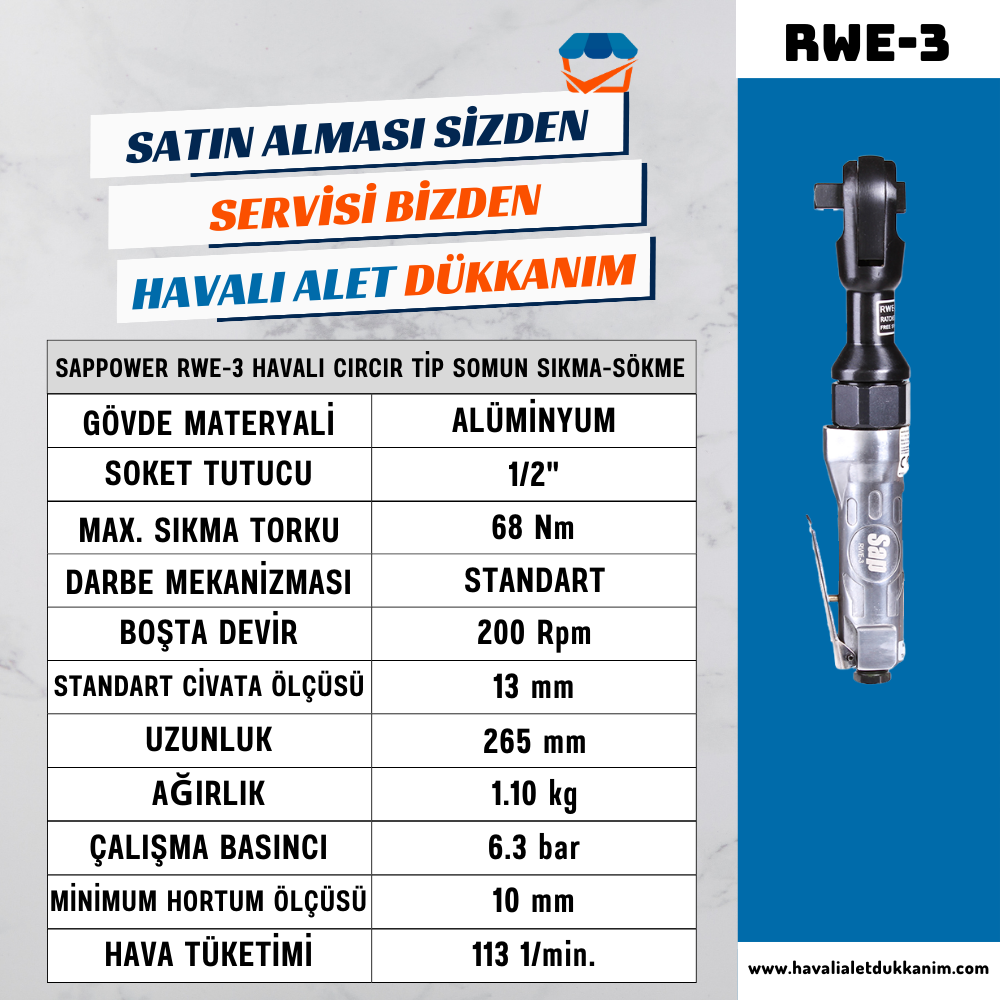 SAPPOWER RWE-3 Havalı Cırcır Tip Somun Sıkma-Sökme 1/2