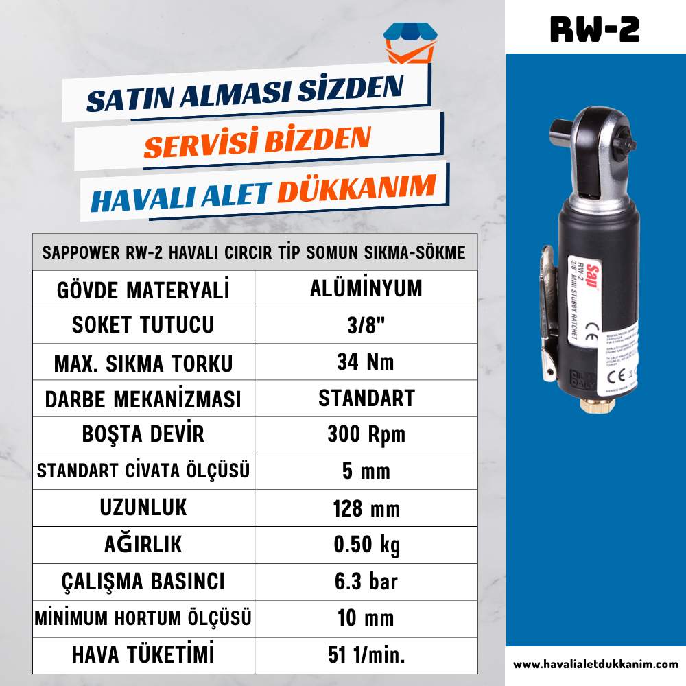 SAPPOWER RW-2 Havalı Cırcır Tip Somun Sıkma-Sökme 3/8