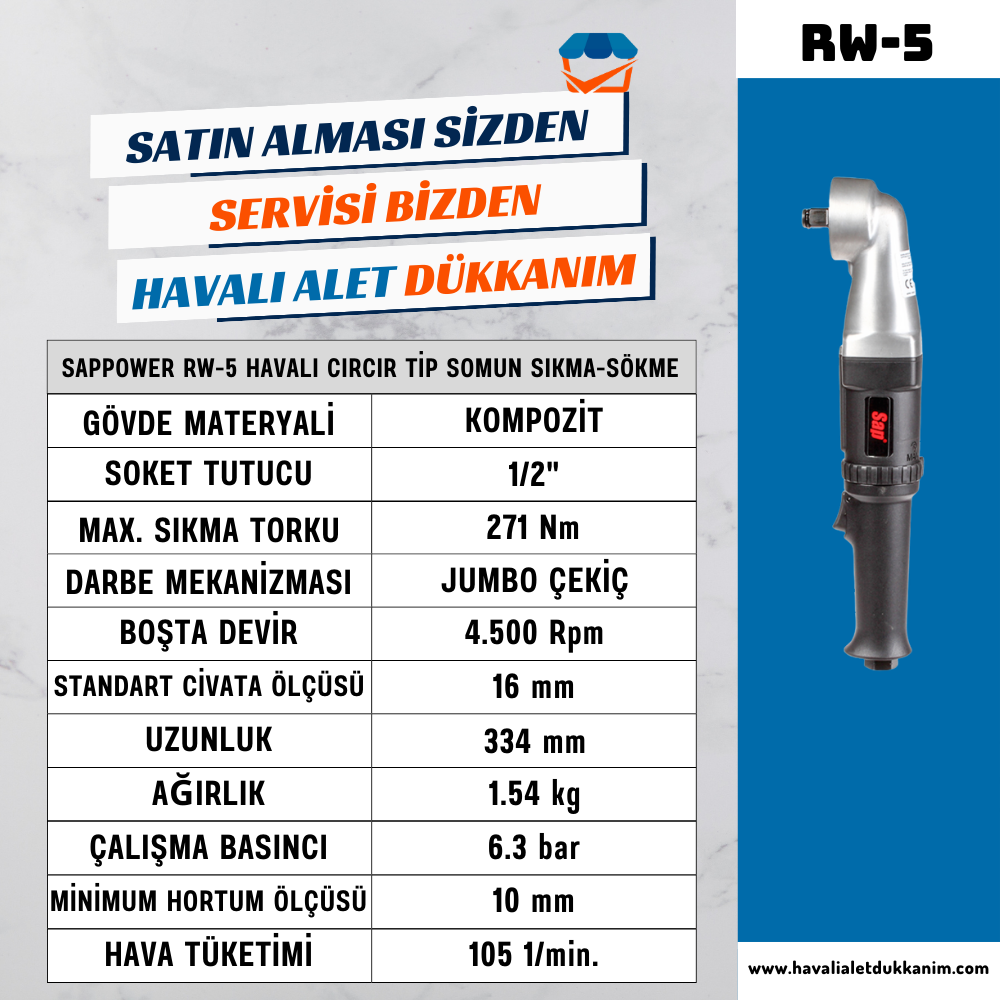 SAPPOWER RW-5 Havalı Cırcır Tip Somun Sıkma-Sökme 1/2