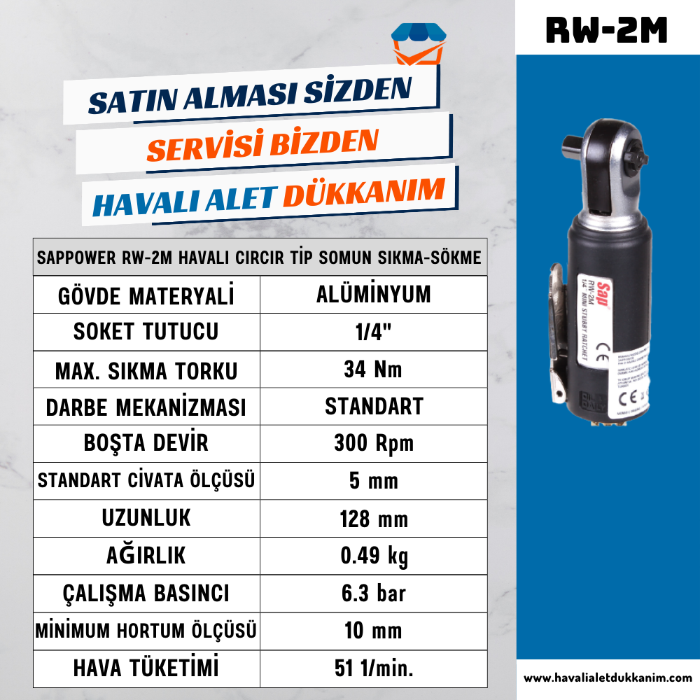 SAPPOWER RW-2M Havalı Cırcır Tip Somun Sıkma-Sökme 1/4