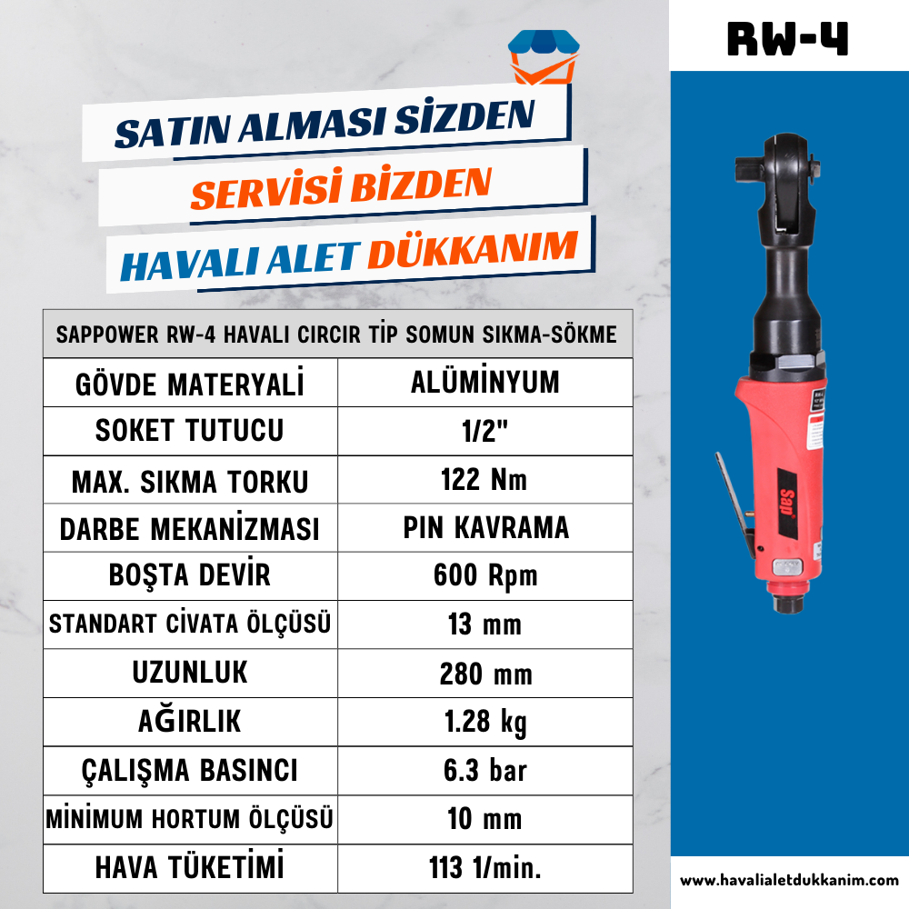 SAPPOWER RW-4 Havalı Cırcır Tip Somun Sıkma-Sökme 1/2