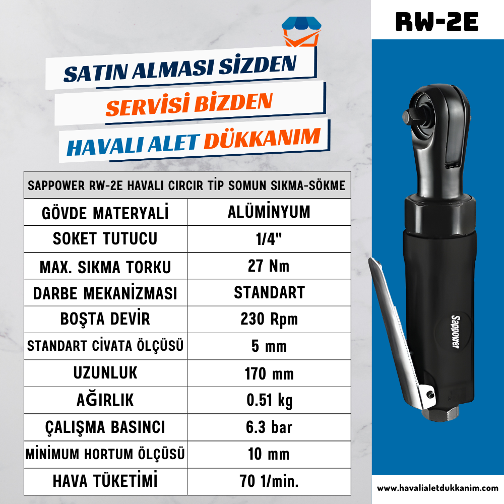 SAPPOWER RW-2E Havalı Cırcır Tip Somun Sıkma-Sökme 1/4