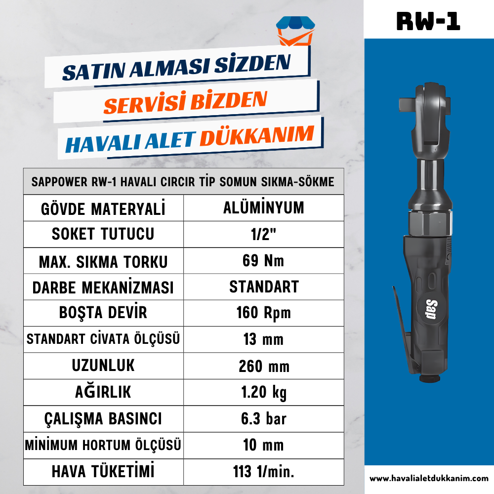 SAPPOWER RW-1 Havalı Cırcır Tip Somun Sıkma-Sökme 1/2