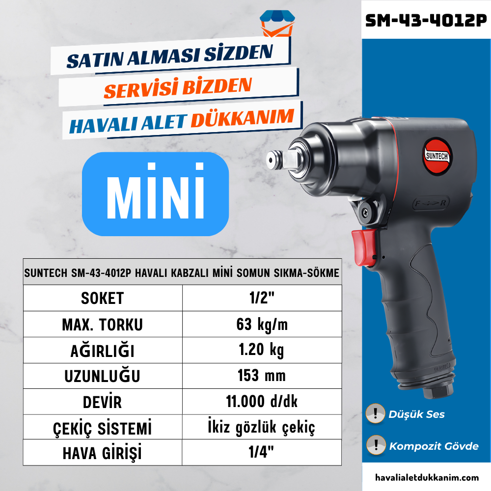 SUNTECH SM-43-4012P Havalı Kabzalı Mini Somun Sıkma-Sökme 1/2