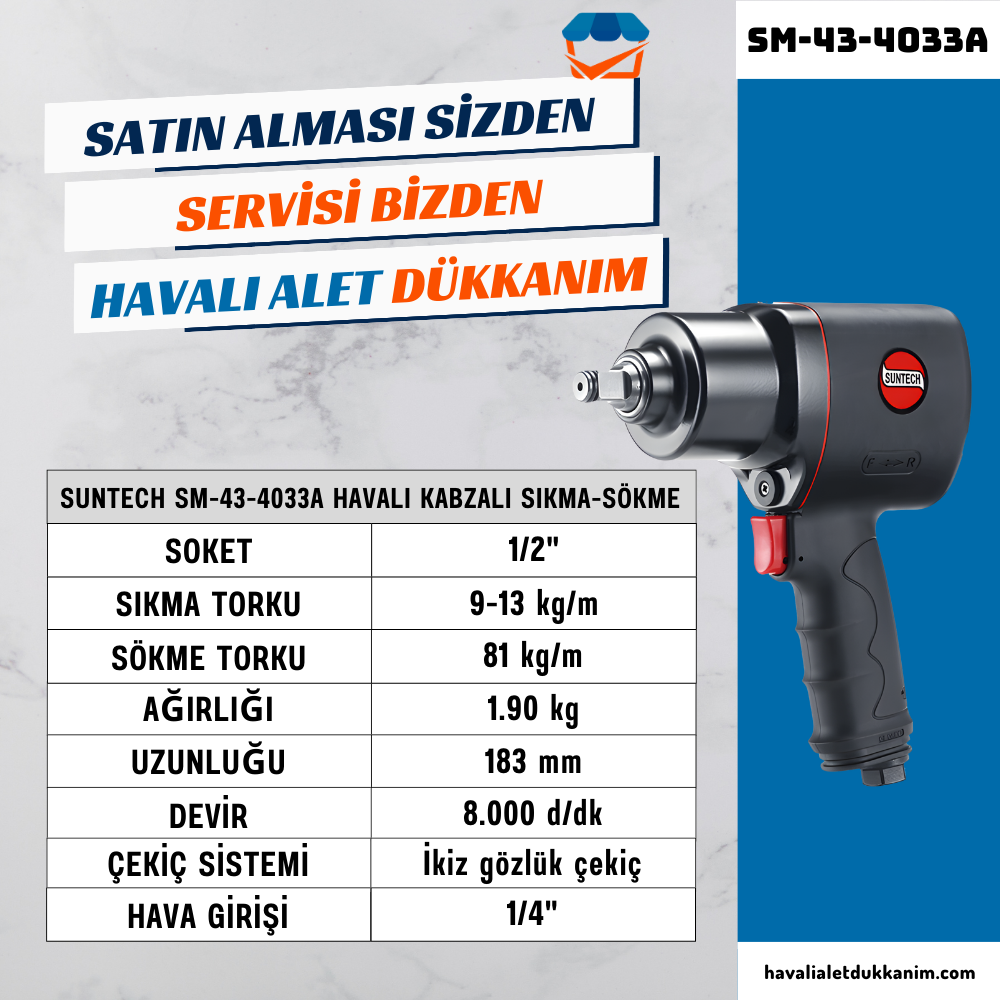 SUNTECH SM-43-4033A Havalı Tork Kontrollü Somun Sıkma-Sökme 1/2