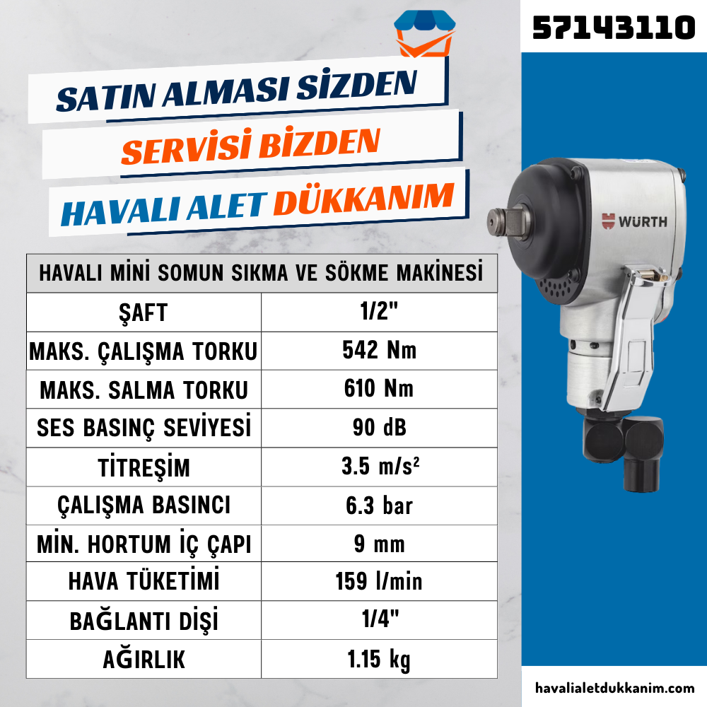 Würth 57143110 Havalı Mini Somun Sıkma ve Sökme Makinesi 1/2