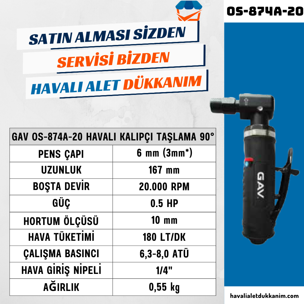 GAV OS-874A-20 Havalı Kalıpçı Taşlama 90°