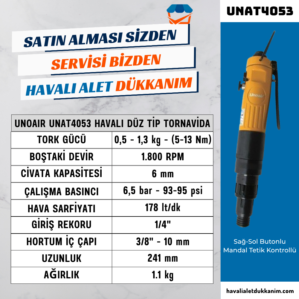 Unoair UNAT4053 Havalı Dıştan Tork Ayarlı Düz Tip Tornavida 6 mm