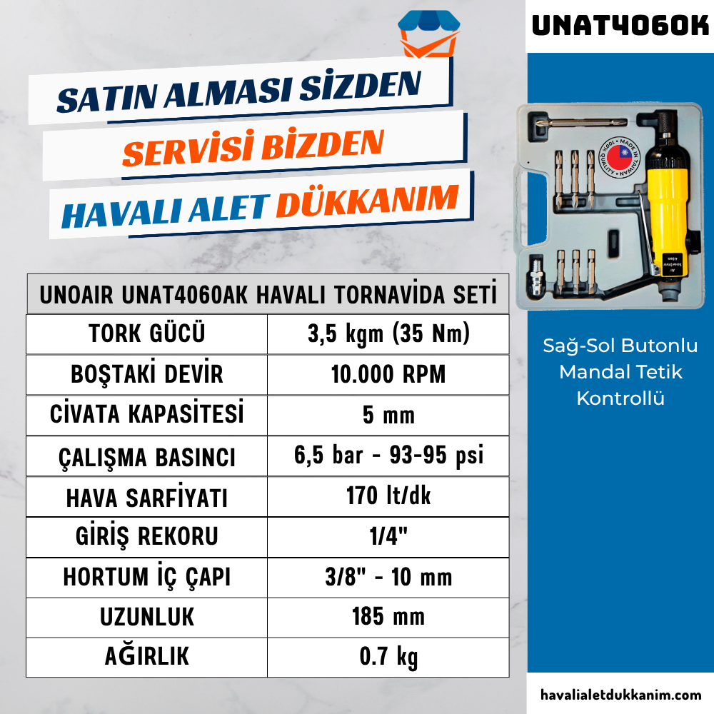 Unoair UNAT4060AK Havalı Tornavida Seti