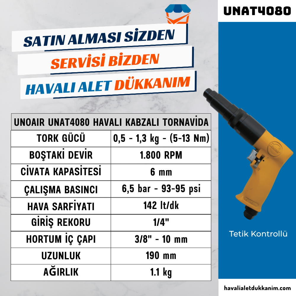Unoair UNAT4080 Havalı Kabzalı Tornavida 6 mm