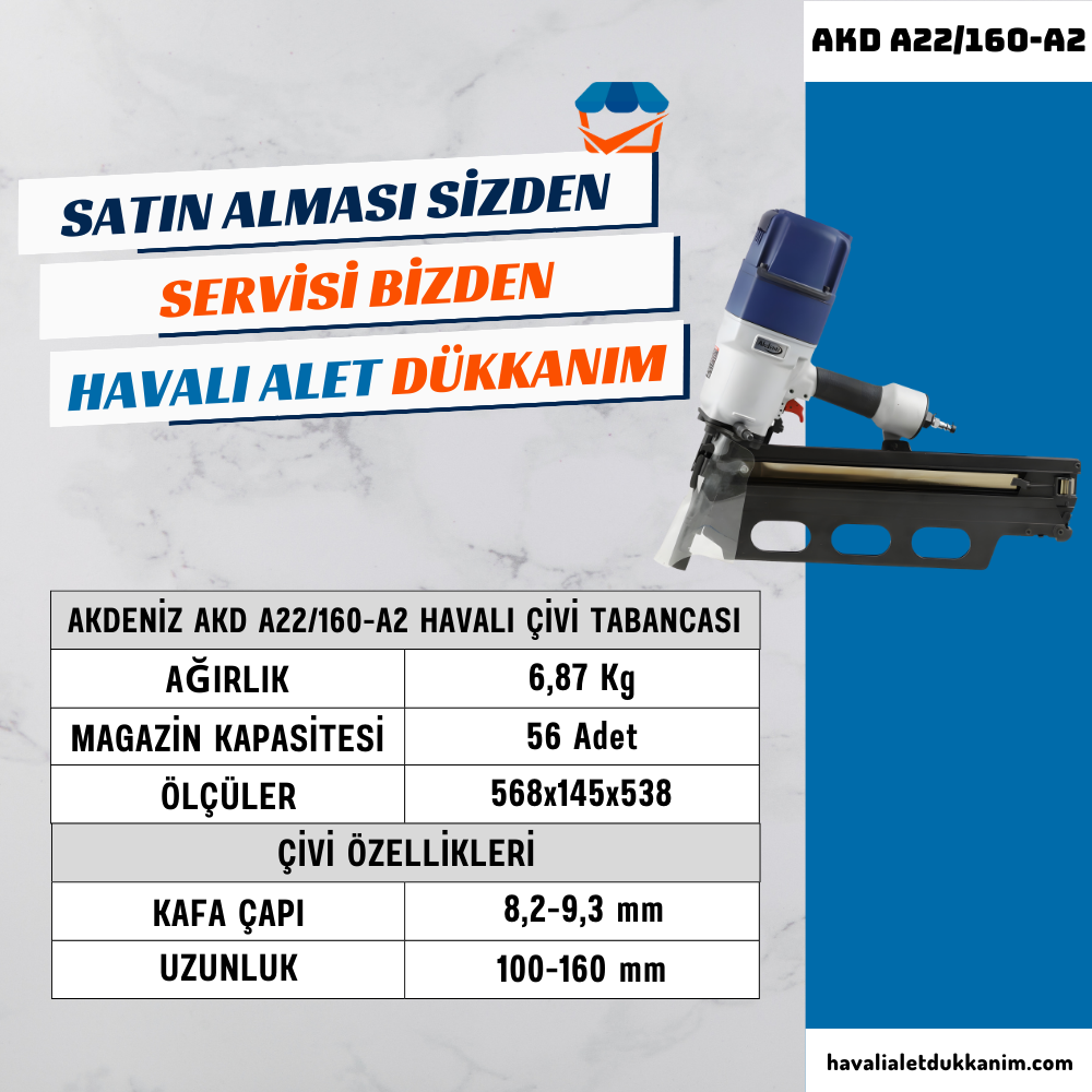 AKDENİZ AKD A22/160-A2 Havalı Plastiğe Dizili Çivi Tabancası