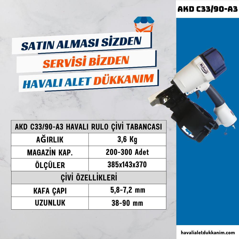 AKDENİZ AKD C33/90-A3 Havalı Rulo Çivi Tabancası