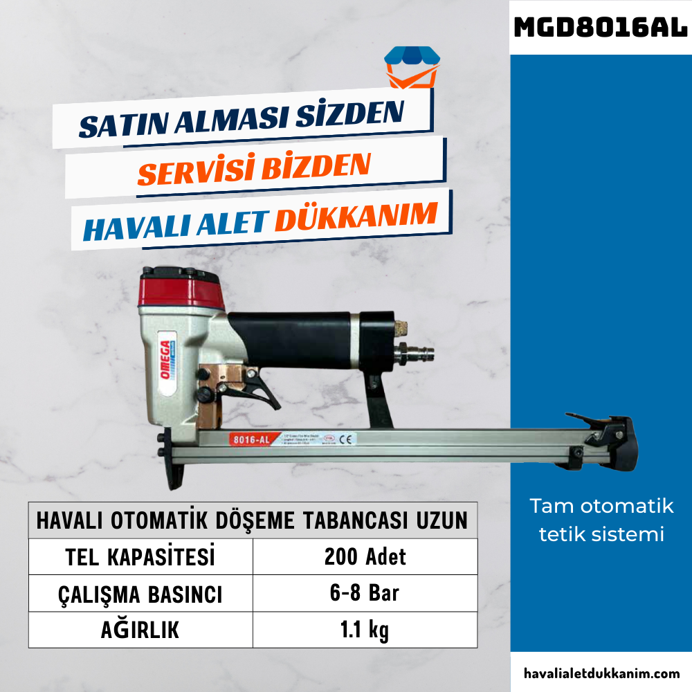 OMEGA MGD8016AL Havalı Otomatik Döşeme Tabancası 6-16 mm Uzun Şarjör