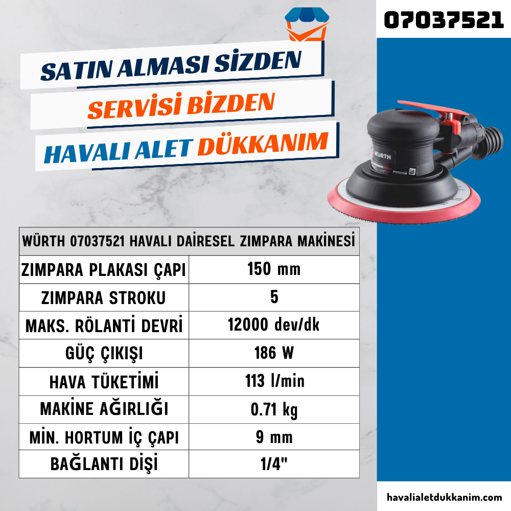Würth 07037521 Havalı Dairesel Zımpara Makinesi