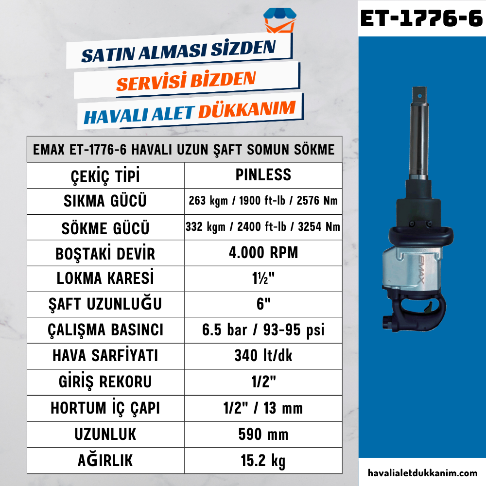 EMAX ET-1776-6 Havalı Uzun Şaft Somun Sökme 1-1/2