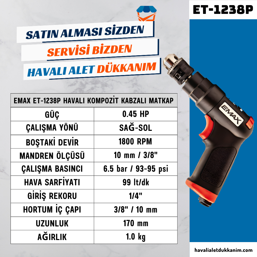EMAX ET-1238P Havalı Kabzalı Matkap 10 mm