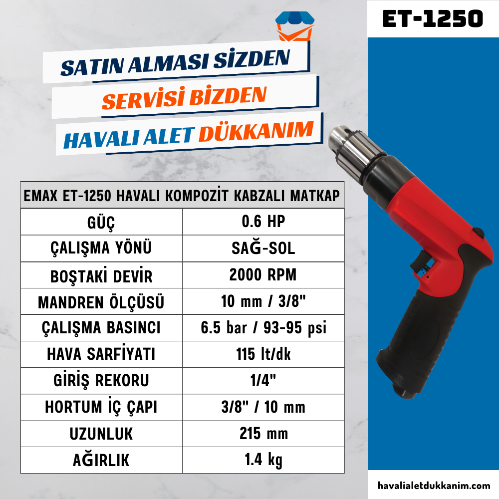 EMAX ET-1250 Havalı Kompozit Kabzalı Matkap 10 mm