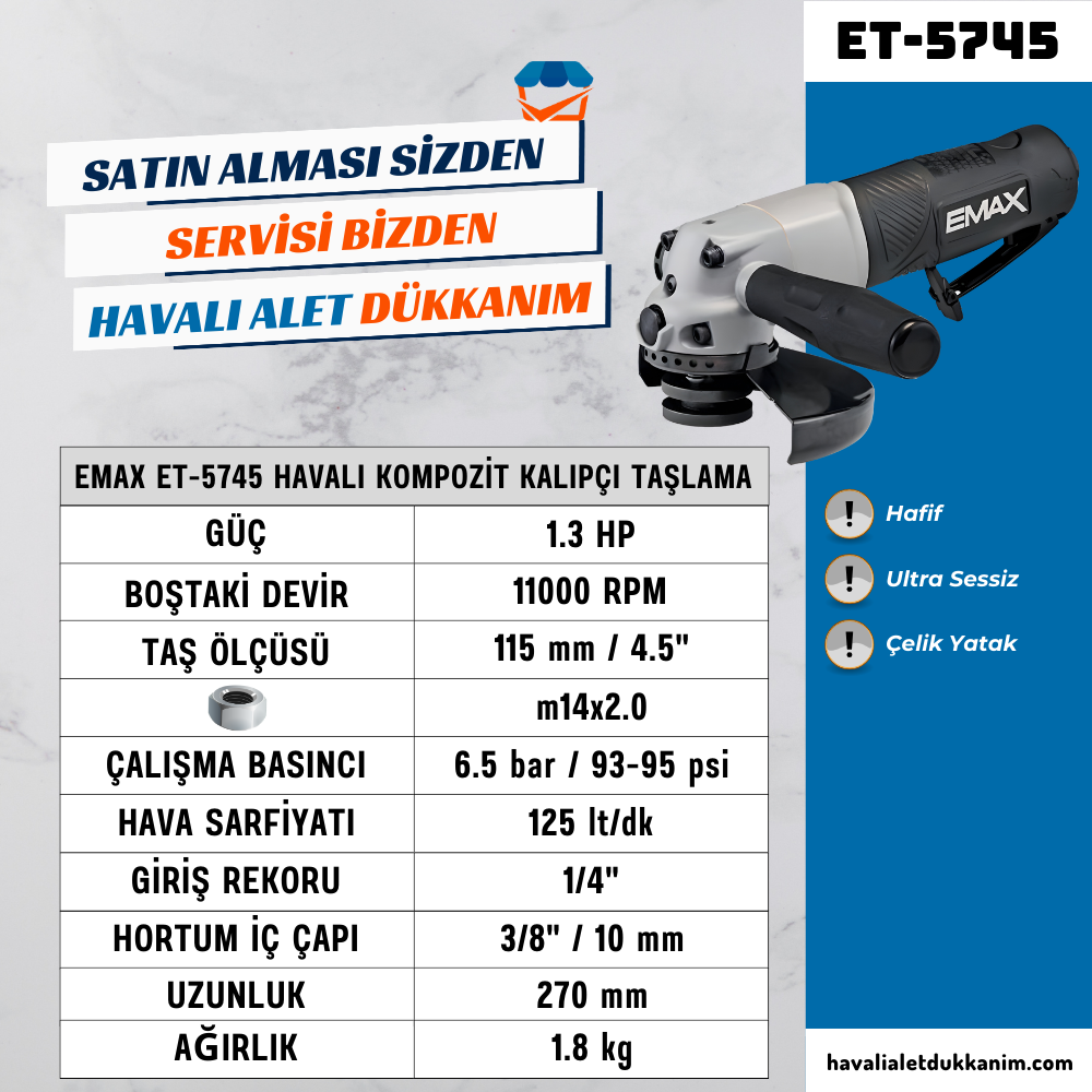 EMAX ET-5745 Havalı Kompozit Avuç Taşlama 115 mm