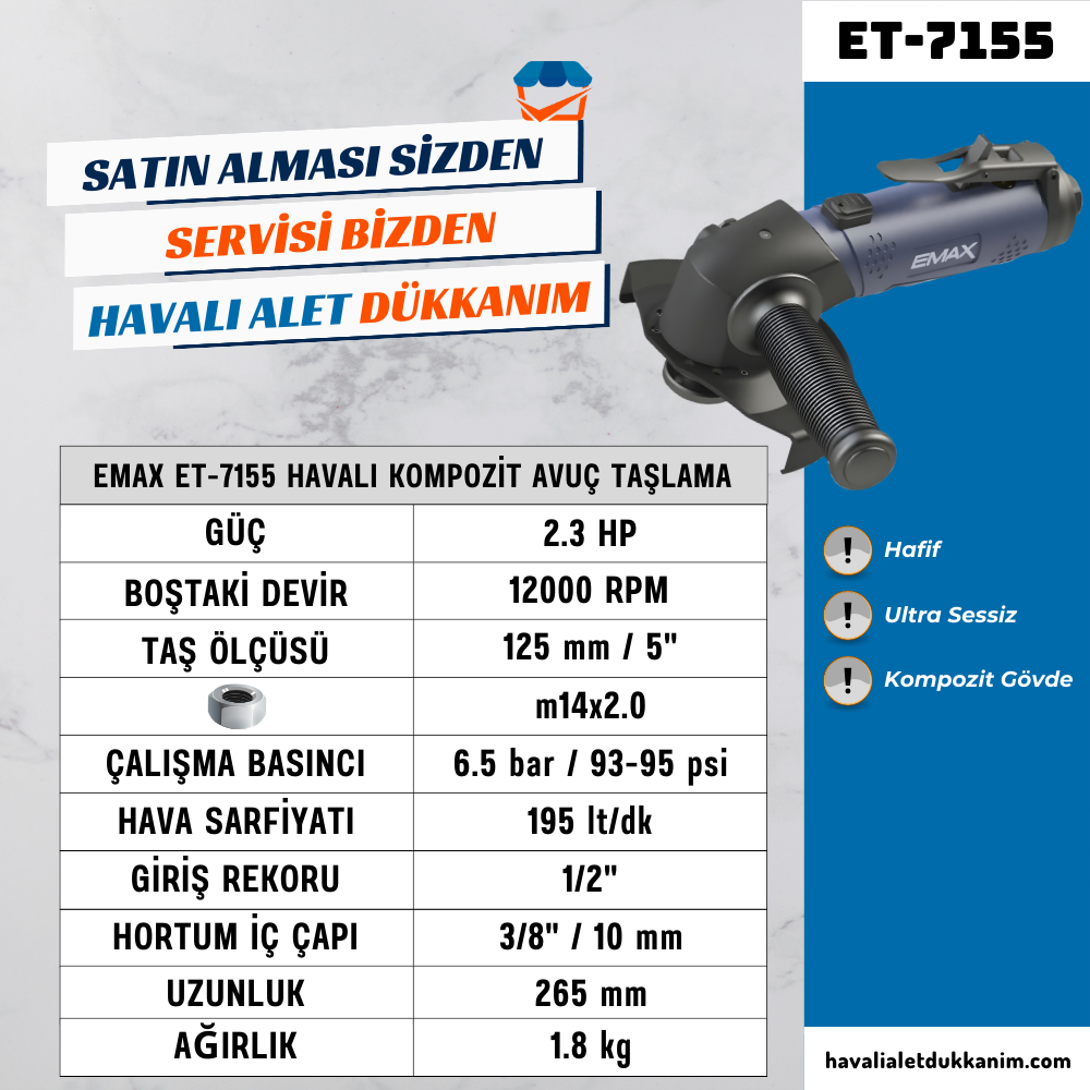 EMAX ET-7155 Havalı Kompozit Avuç Taşlama 125 mm