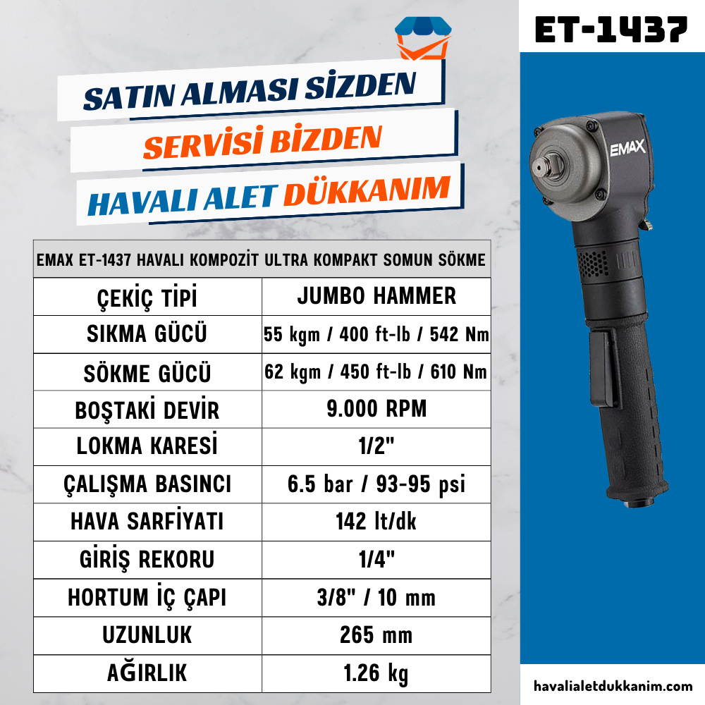 EMAX ET-1437 Havalı Kompozit Ultra Kompakt Somun Sökme 1/2