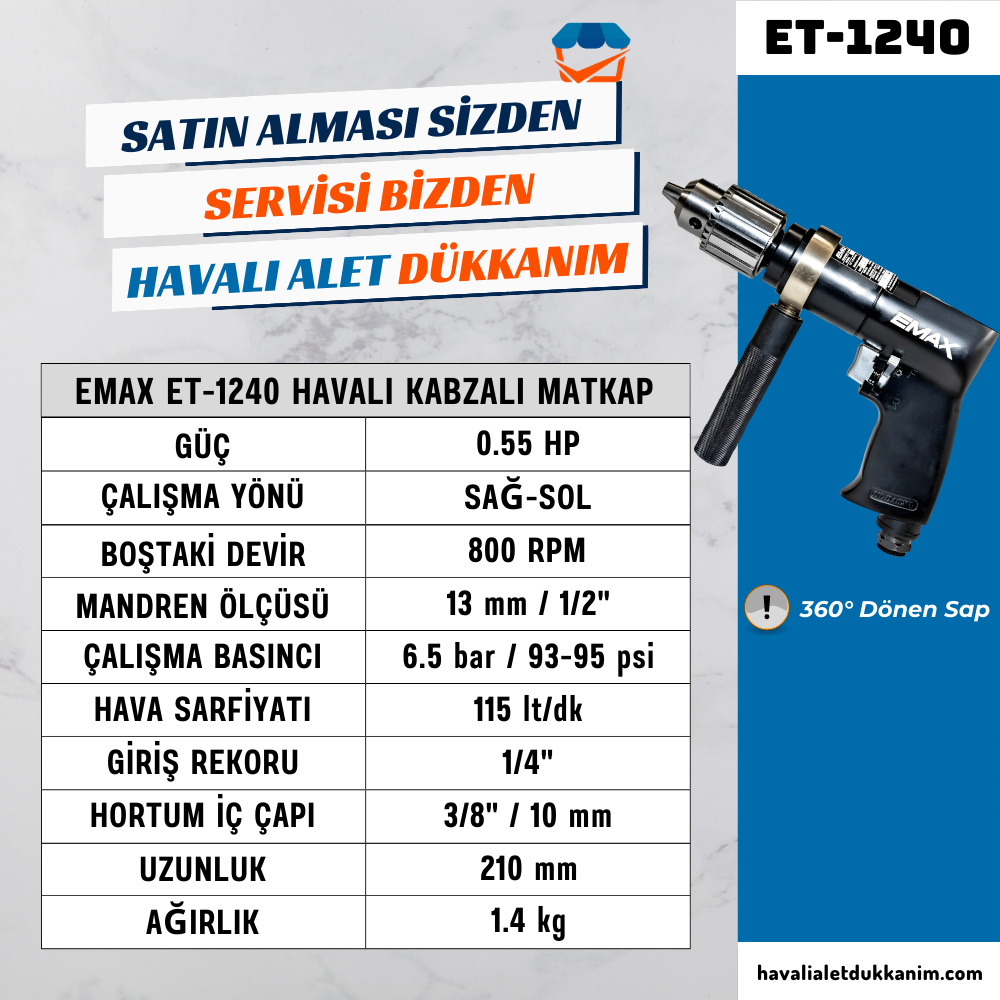 EMAX ET-1240 Havalı Kabzalı Matkap 13 mm