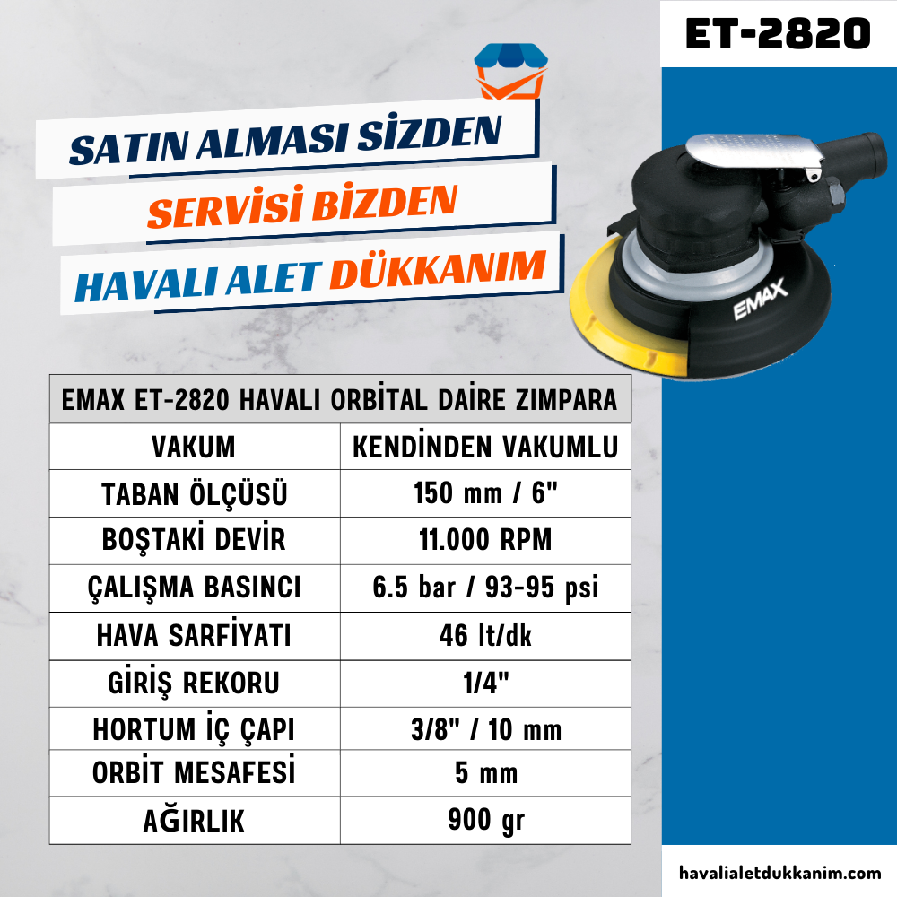 EMAX ET-2820 Havalı Orbital Daire Zımpara Kendinden Vakumlu 150 mm
