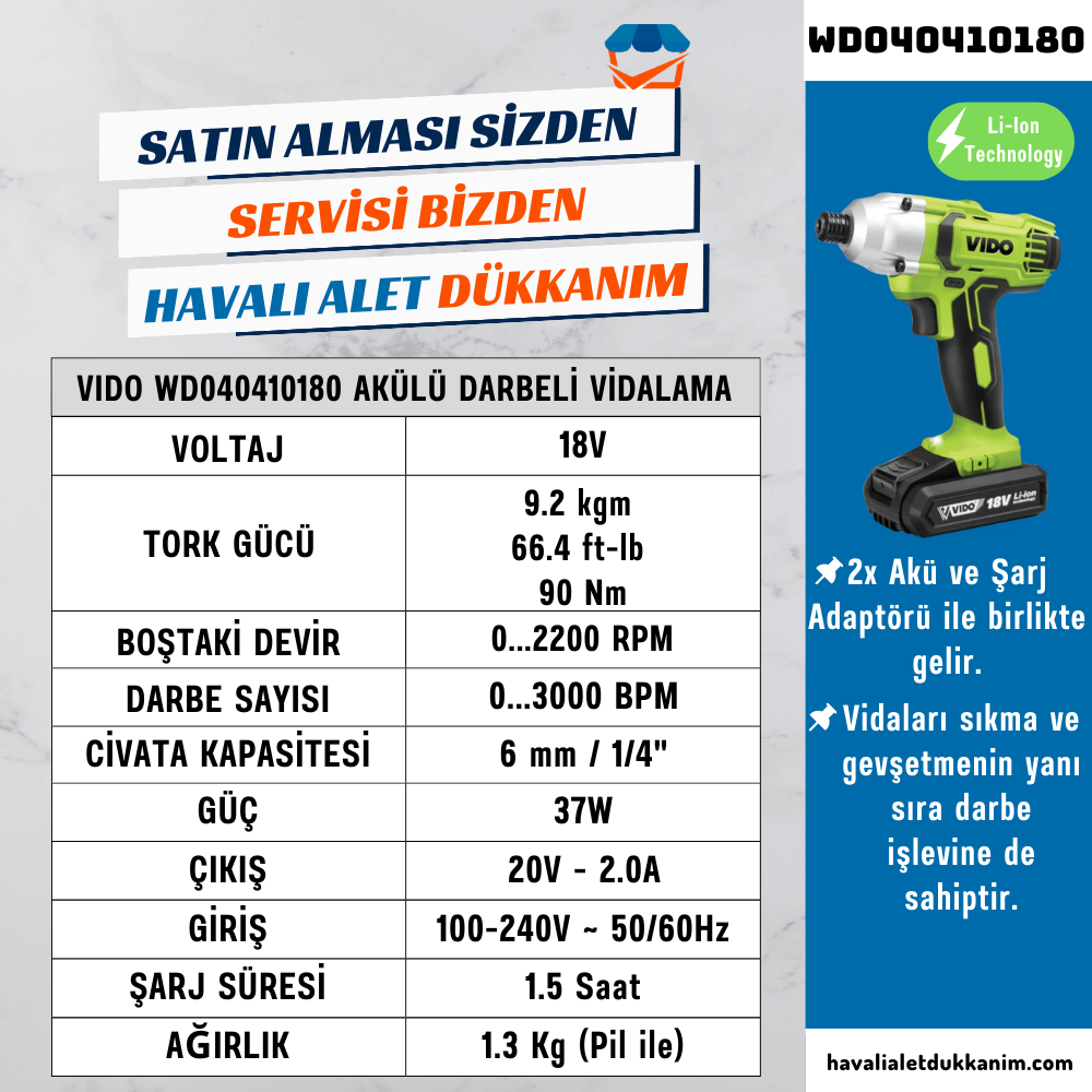 VIDO WD040410180 Akülü Darbeli Vidalama 18V 2x Akü