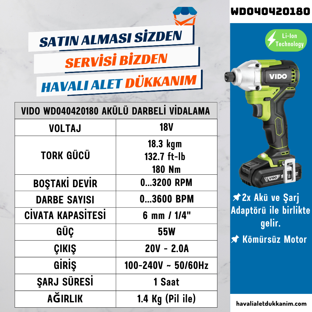 VIDO WD040420180 Akülü Kömürsüz Motor Darbeli Vidalama 18V 2x Akü