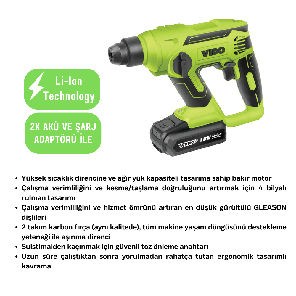 VIDO WD041310180 Akülü Darbeli Matkap 18V 2x Akü