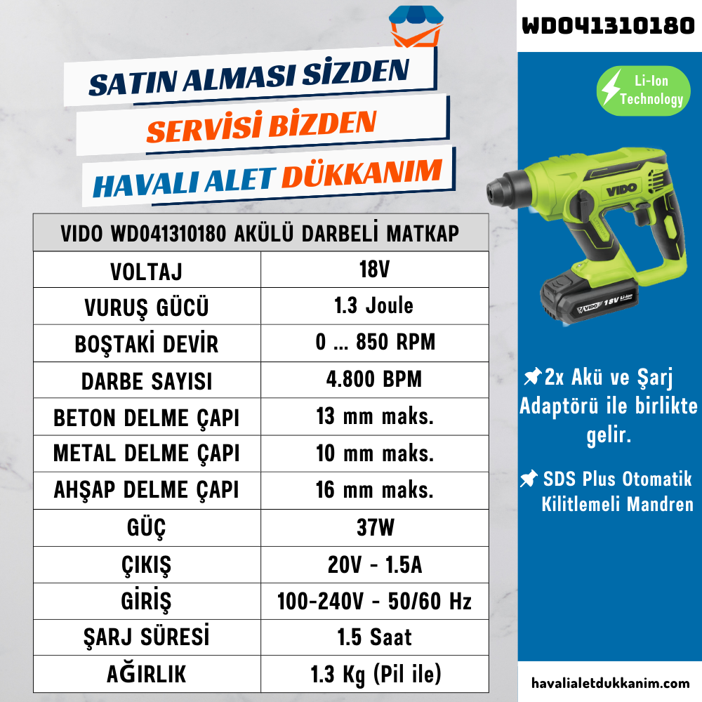 VIDO WD041310180 Akülü Darbeli Matkap 18V 2x Akü