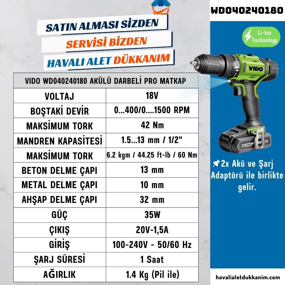 VIDO WD040240180 Akülü Darbeli Pro Matkap 18V