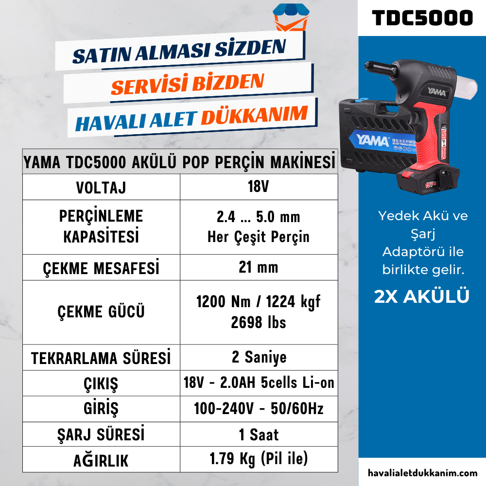 YAMA TDC5000 Akülü Kömürsüz Motor Pop Perçin 2.4-5.0 mm 18V
