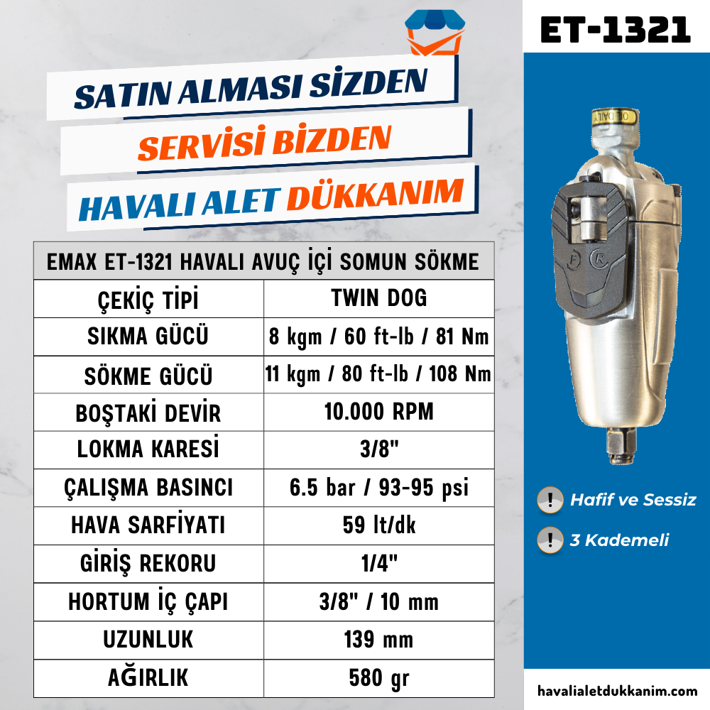 EMAX ET-1321 Havalı Avuç İçi Somun Sökme 3/8