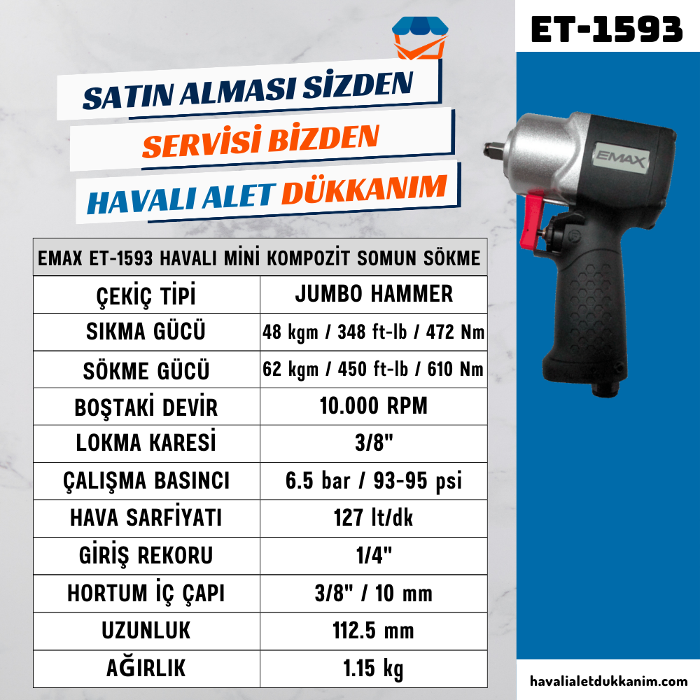 EMAX ET-1593 Havalı Mini Kompozit Somun Sökme 3/8